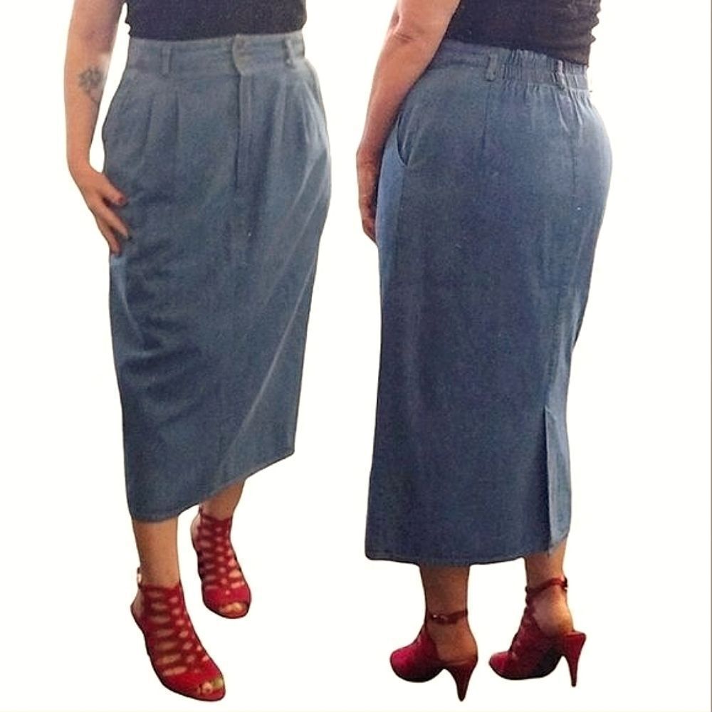VTG 70s High‎ Waist Straight Midi Jean Skirt with Slit Size 14 *Fits like Large